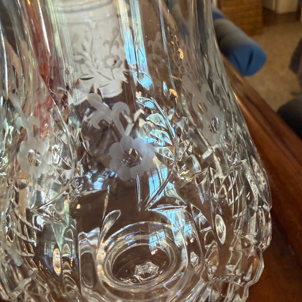 Vintage Crystal Hurricane Candle Holder Etched Floral Diamond 2 Piece Clear 7.5" - Picture 2 of 16
